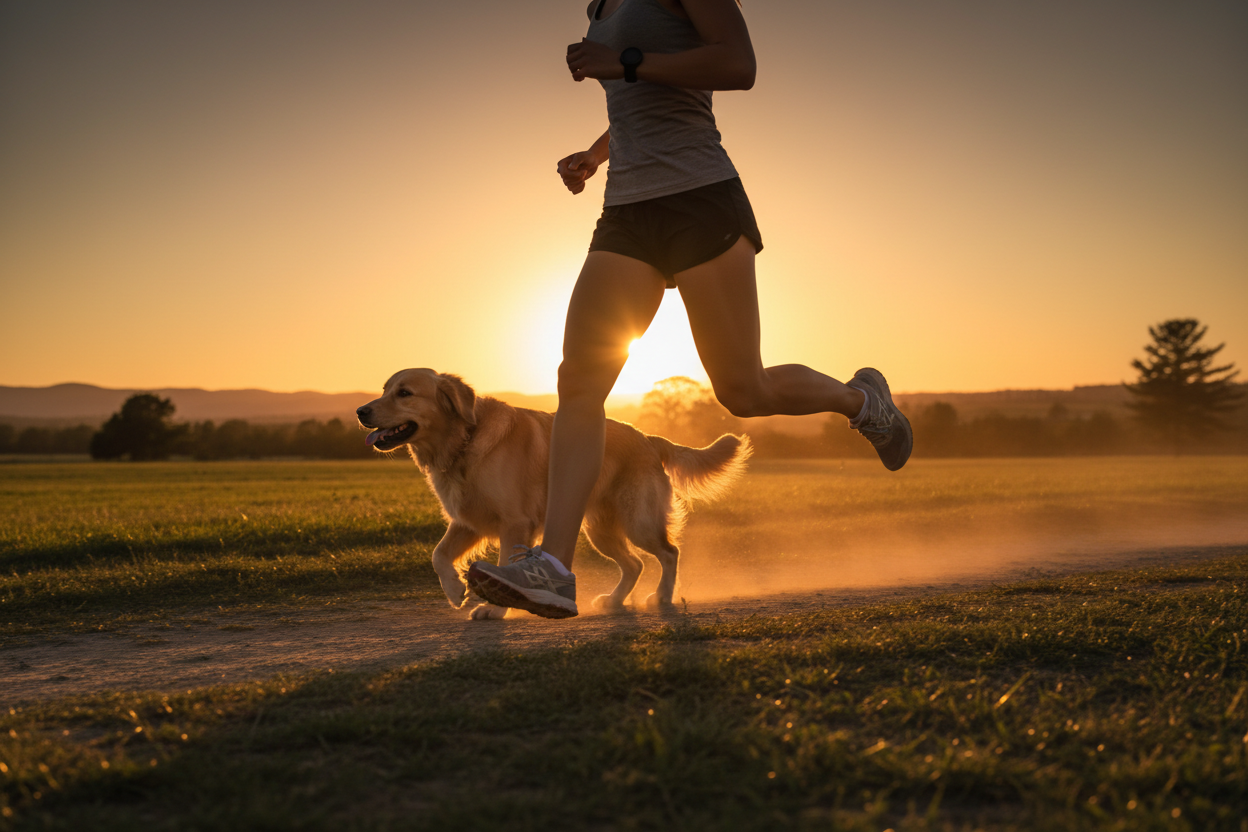 Frau & Hund beim Laufen Sonnenuntergang