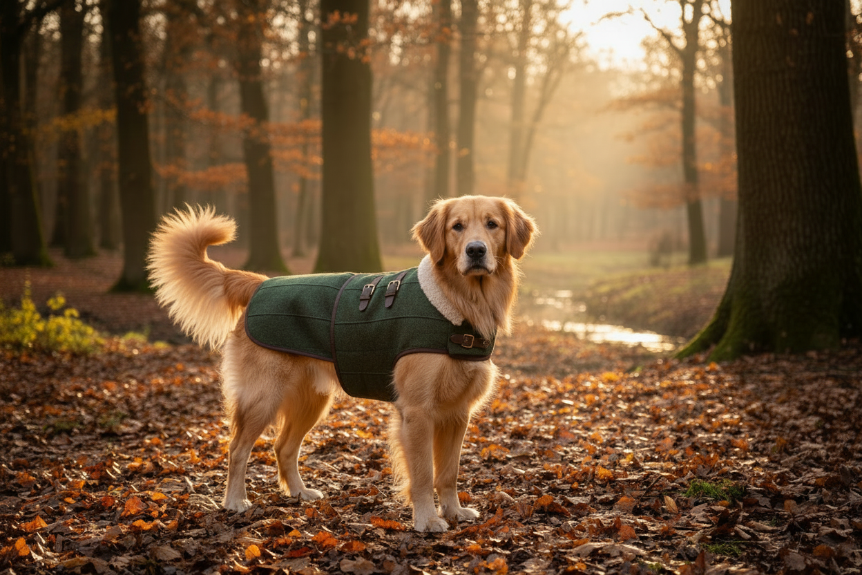 Hund mit Hundemantel – kein Text