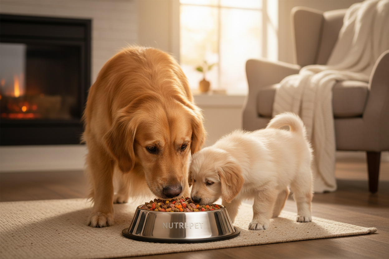 Hund Mutter und Welpe beim Fressen