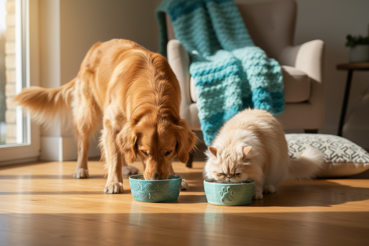 Hund und Katze essen zusammen
