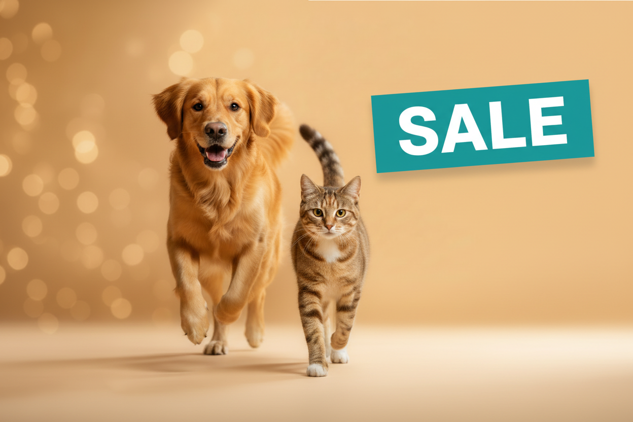 Hund und Katze rennen zum Sale