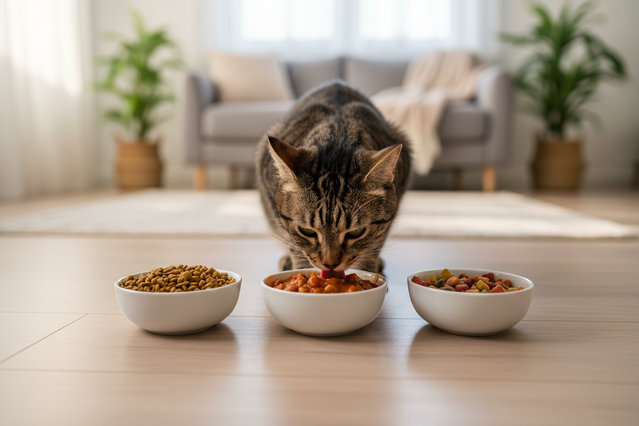 Katze frisst aus Schüsseln